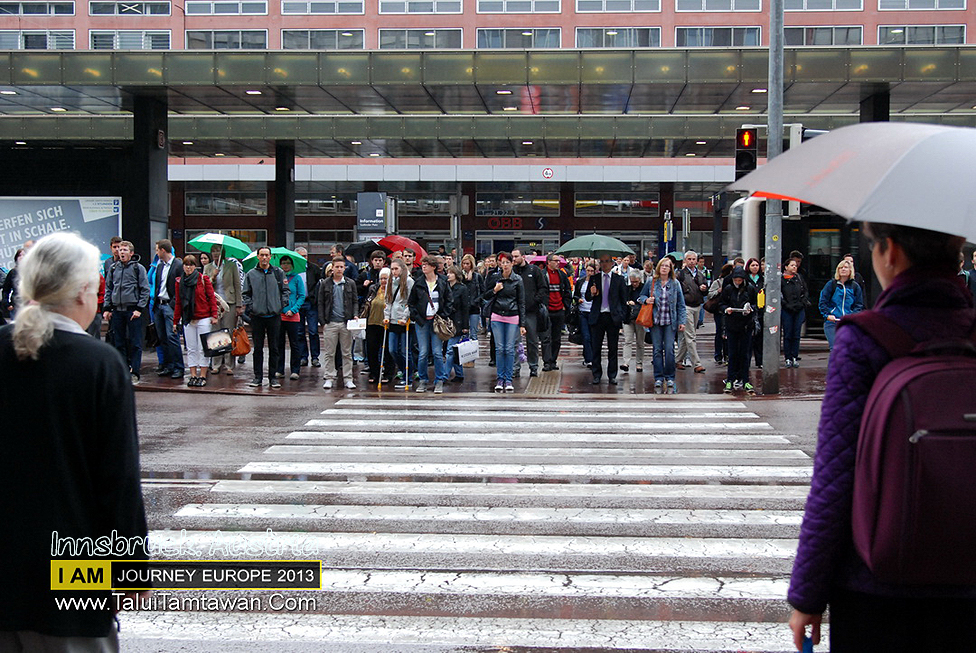During a crowded train station.